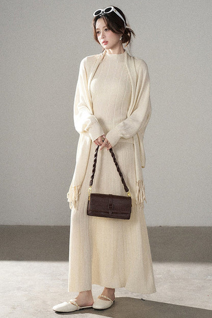 Turtleneck Sweater Long Skirt Shawl Cardigan Set