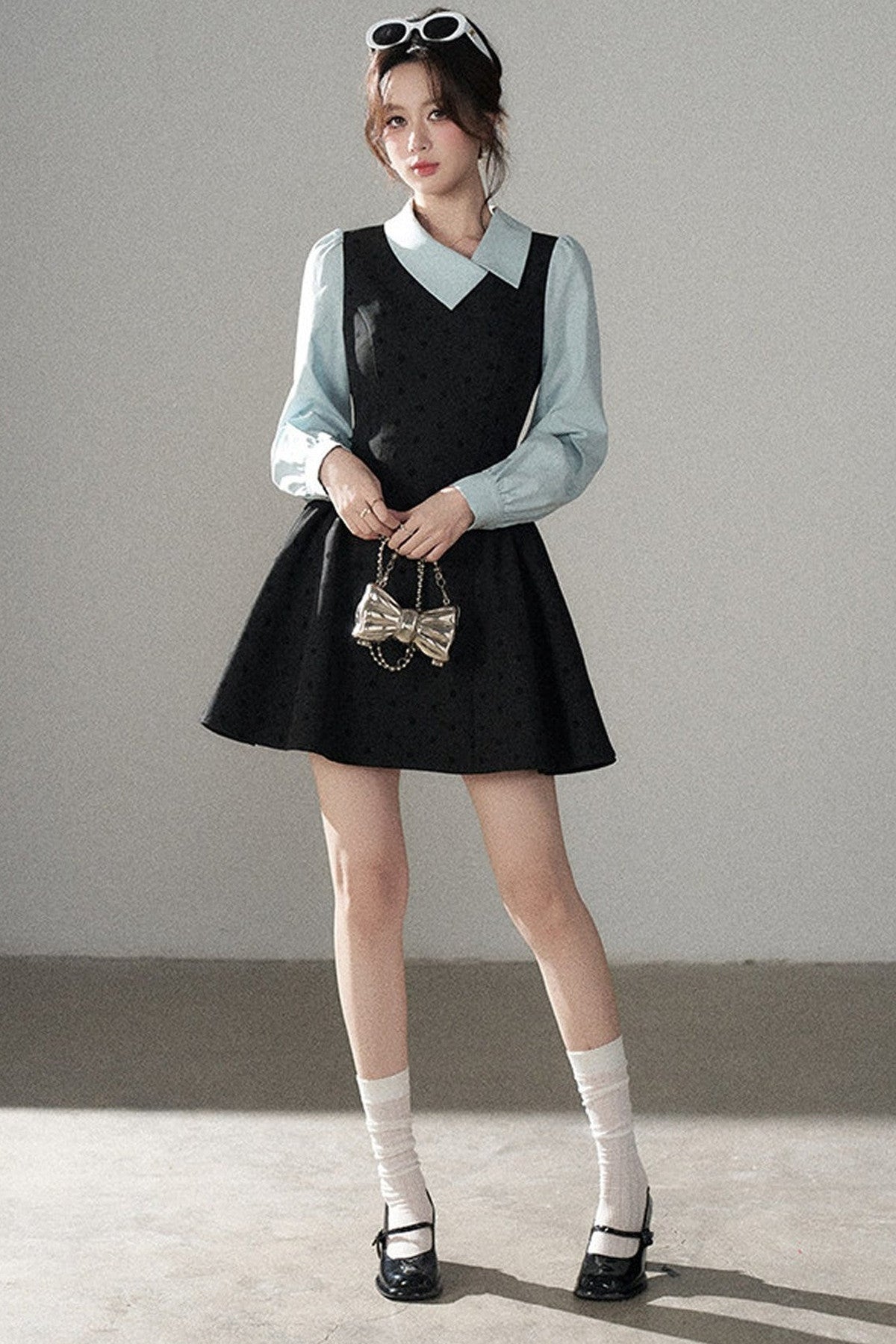 Black Polka Dot Asymmetrical Collar Dress