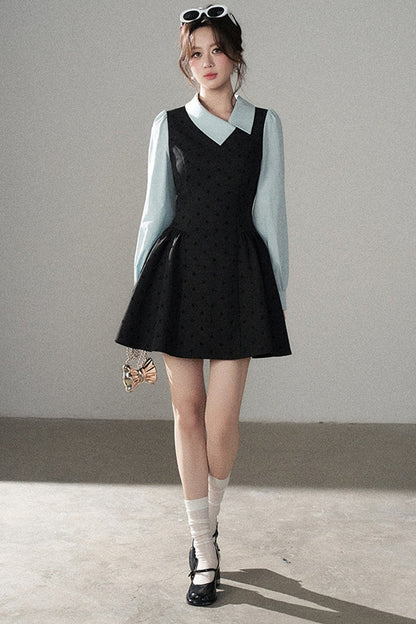 Black Polka Dot Asymmetrical Collar Dress