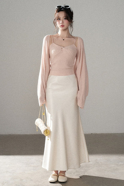 V-Neck Knitted Cardigan and Camisole Set-Up