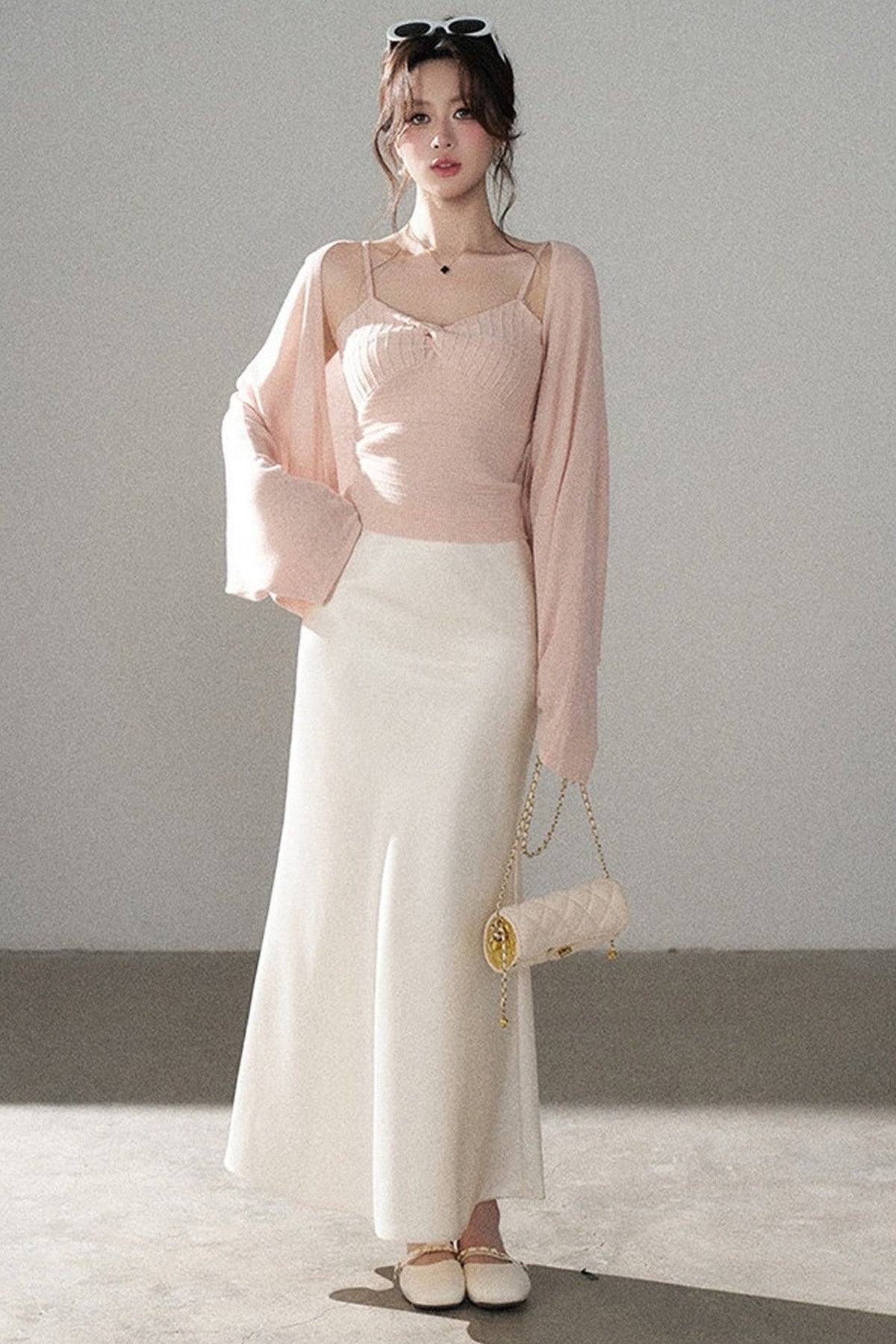 V-Neck Knitted Cardigan and Camisole Set-Up