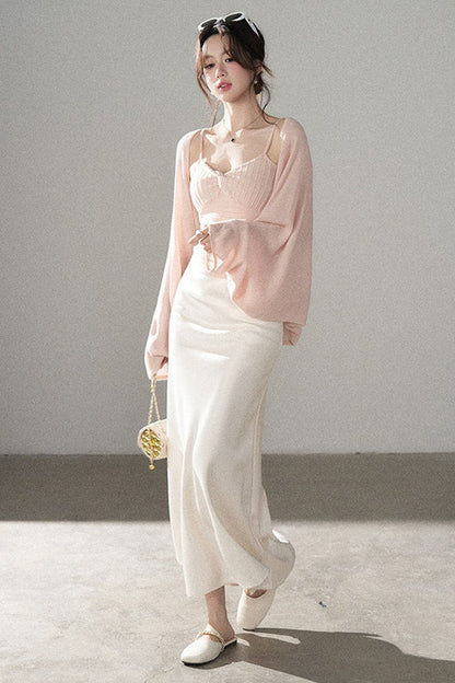 V-Neck Knitted Cardigan and Camisole Set-Up