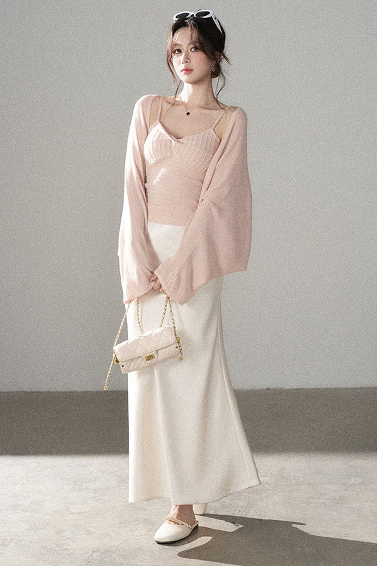 V-Neck Knitted Cardigan and Camisole Set-Up
