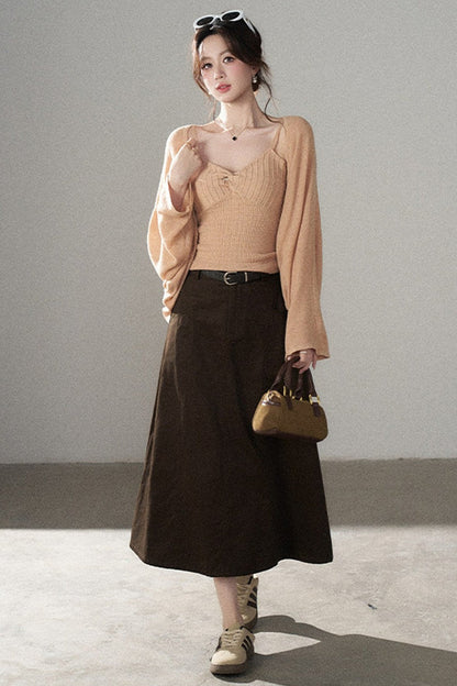 V-Neck Knitted Cardigan and Camisole Set-Up