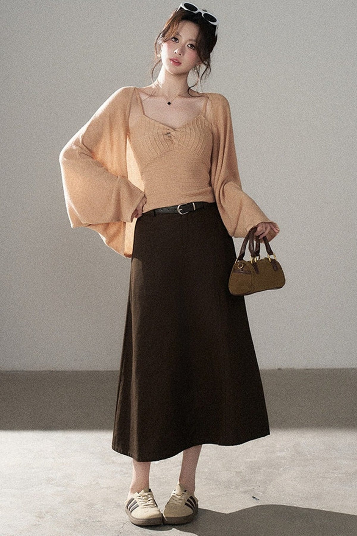 V-Neck Knitted Cardigan and Camisole Set-Up