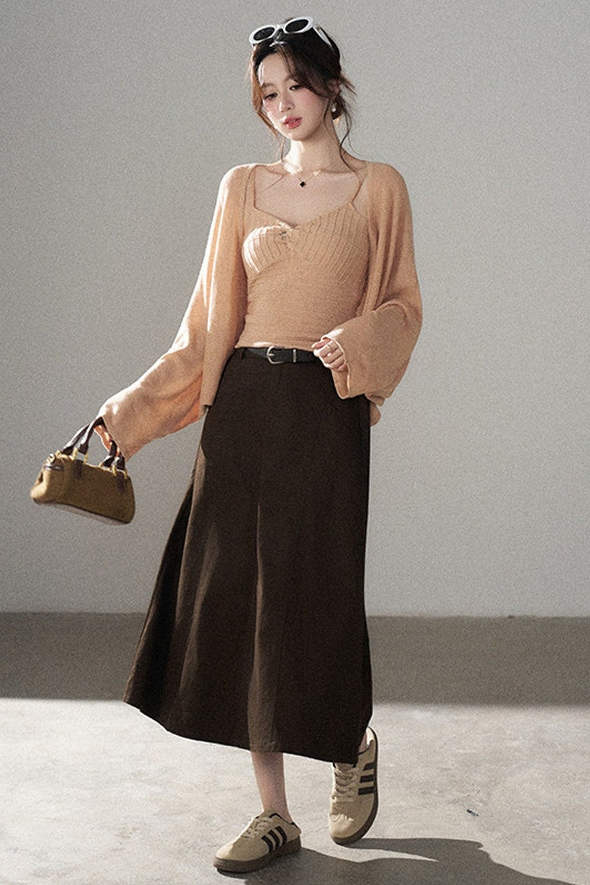 V-Neck Knitted Cardigan and Camisole Set-Up
