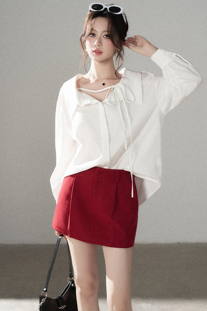 Long-Sleeve V-Neck Shirt and Skirt Set-Up