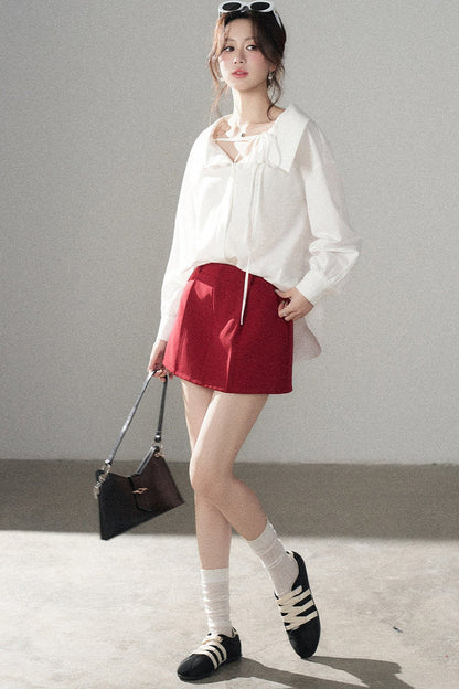 Long-Sleeve V-Neck Shirt and Skirt Set-Up