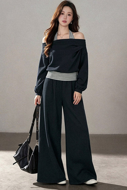 One-Shoulder Striped Sweatshirt and Wide-Leg Pants Set-Up