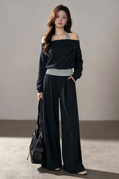 One-Shoulder Striped Sweatshirt and Wide-Leg Pants Set-Up