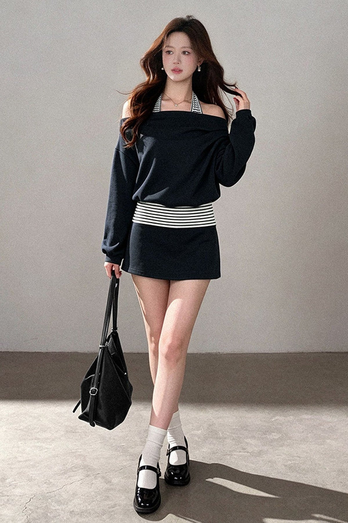 One-Shoulder Striped Sweatshirt and Wide-Leg Pants Set-Up