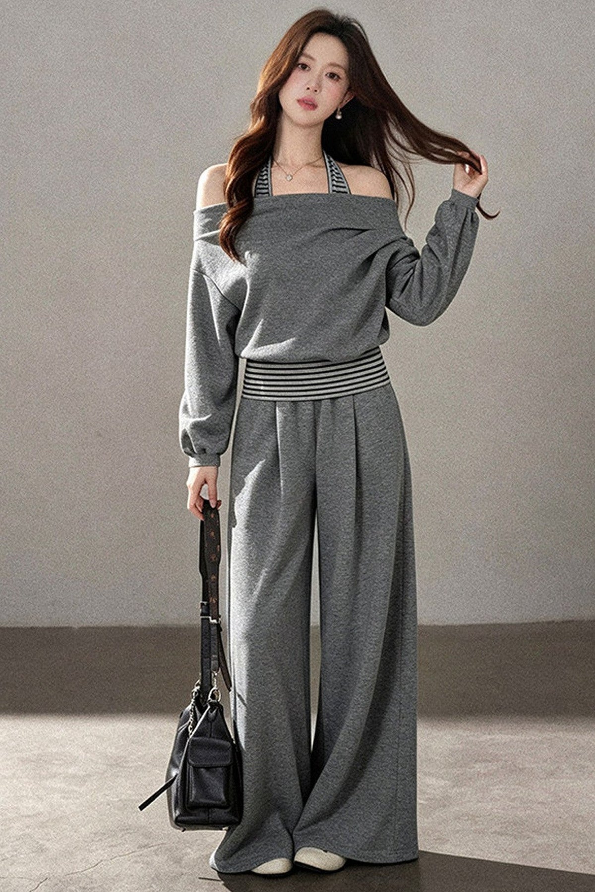 One-Shoulder Striped Sweatshirt and Wide-Leg Pants Set-Up