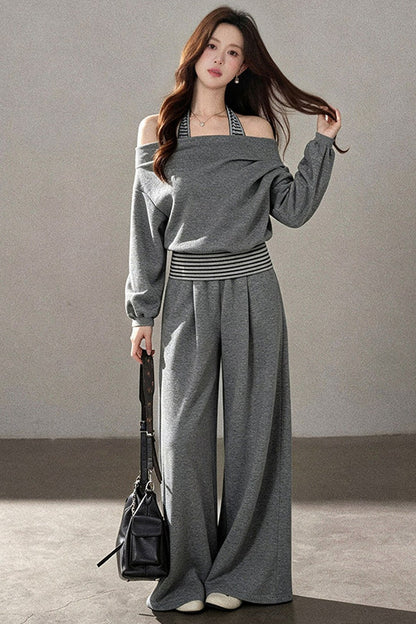 One-Shoulder Striped Sweatshirt and Wide-Leg Pants Set-Up
