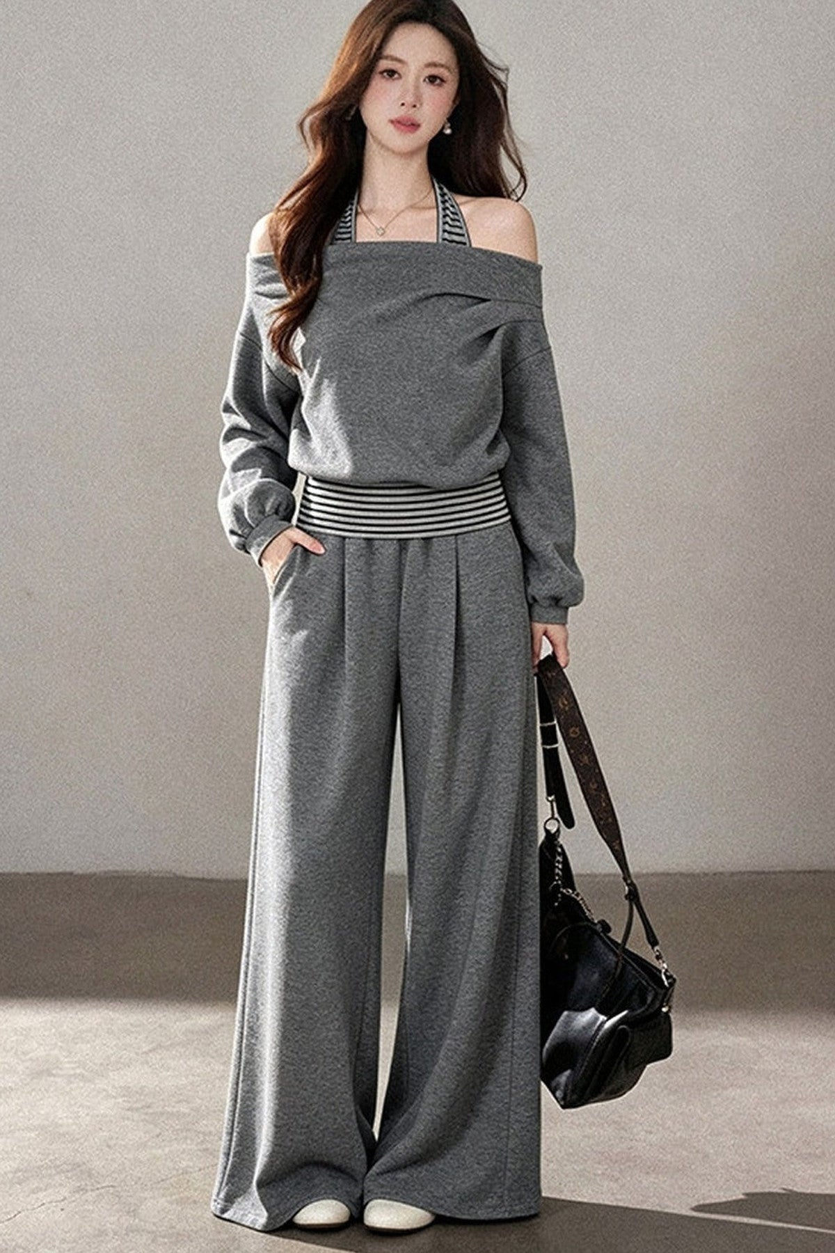 One-Shoulder Striped Sweatshirt and Wide-Leg Pants Set-Up