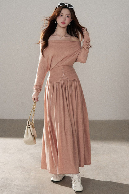 Three-Way Drape Collar Knit Shawl and Skirt Set