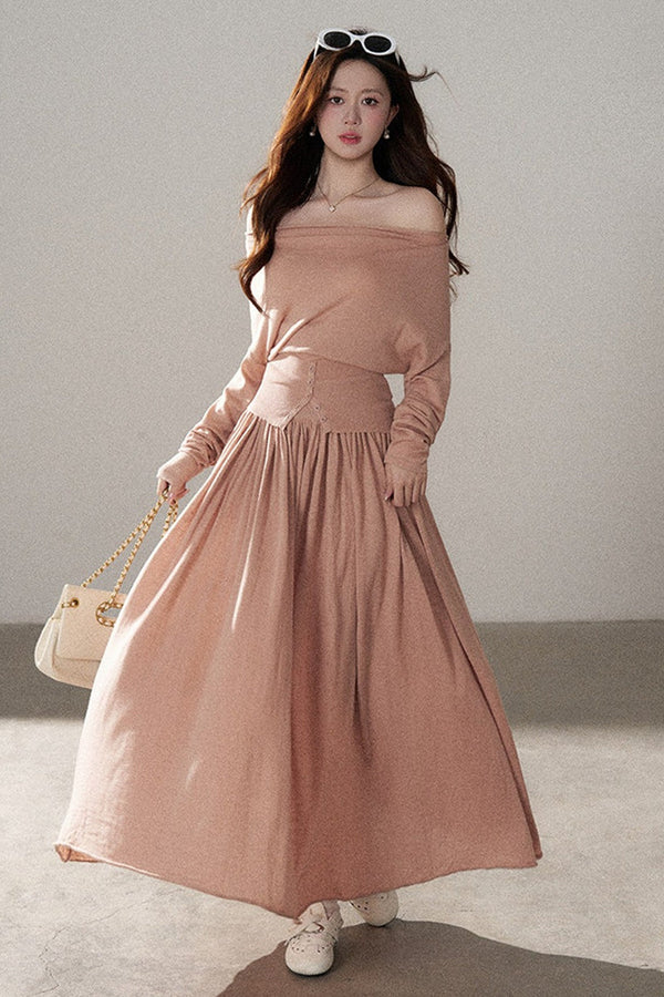 Three-Way Drape Collar Knit Shawl and Skirt Set