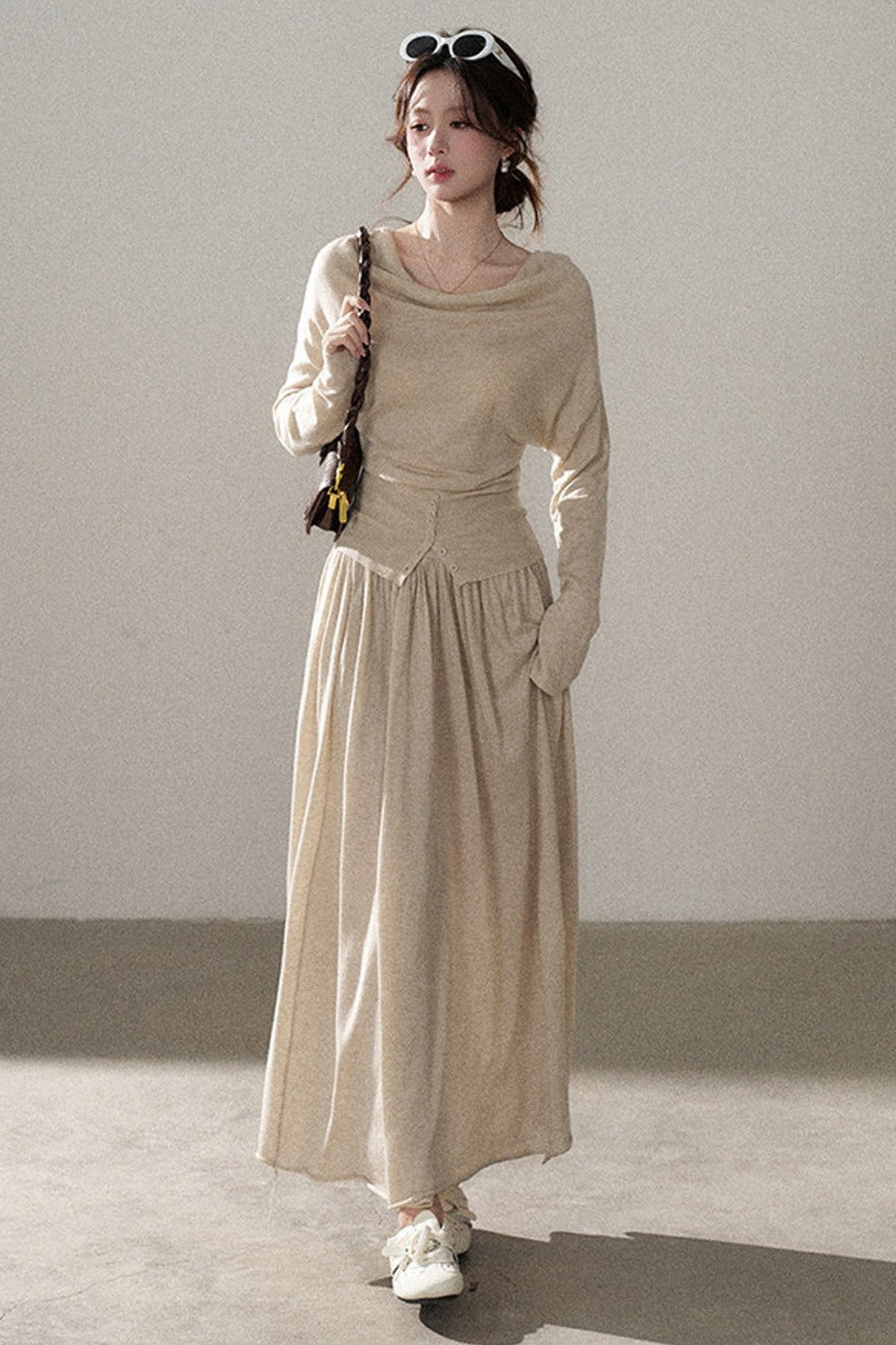 Three-Way Drape Collar Knit Shawl and Skirt Set