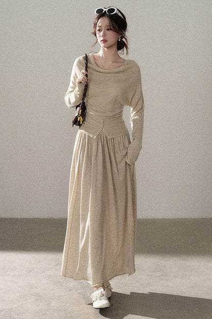 Three-Way Drape Collar Knit Shawl and Skirt Set
