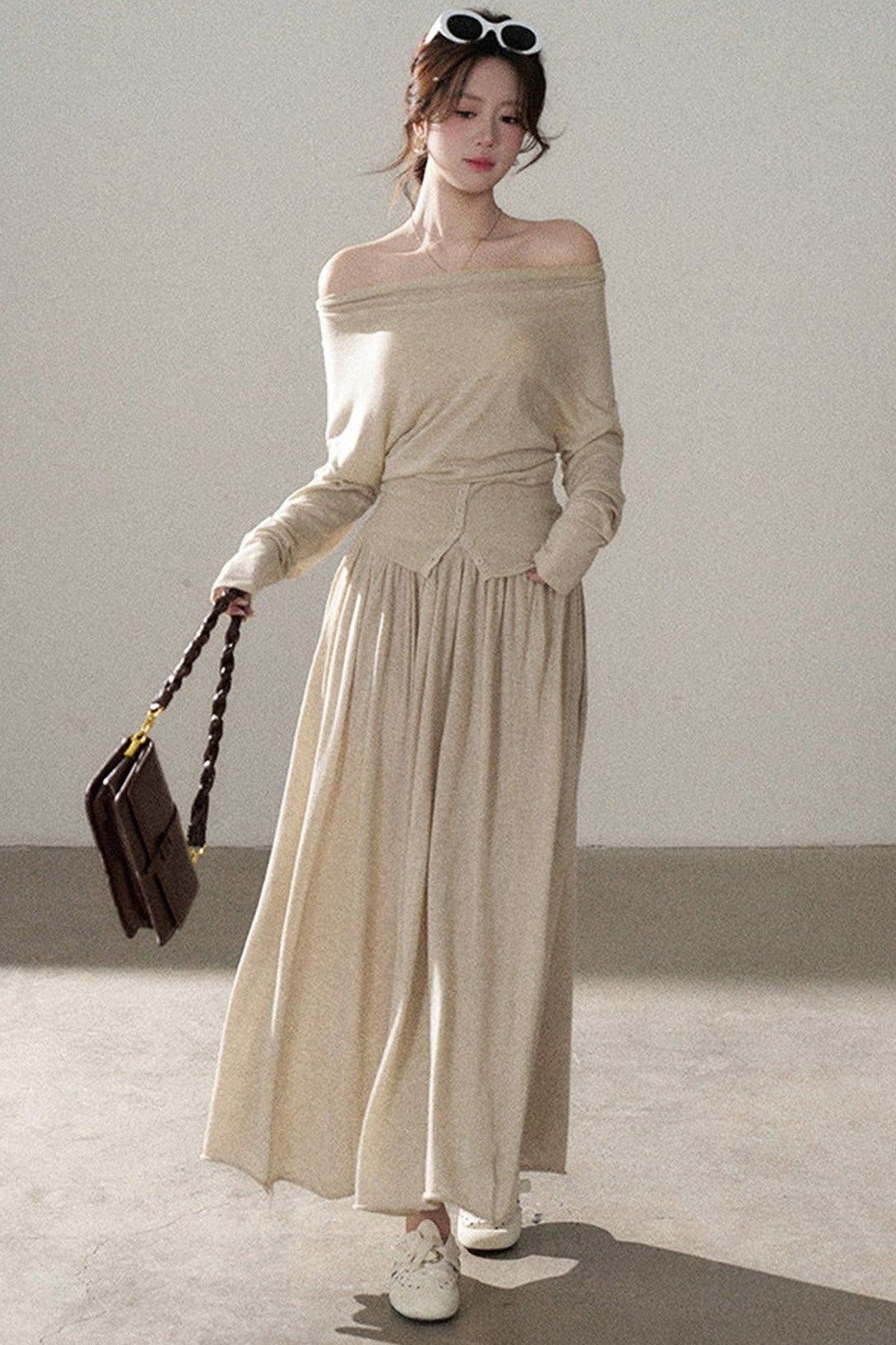 Three-Way Drape Collar Knit Shawl and Skirt Set