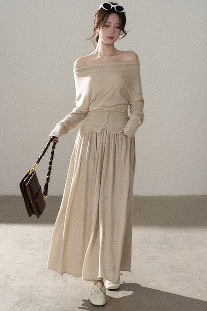Three-Way Drape Collar Knit Shawl and Skirt Set