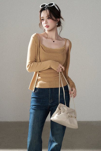 Orange Knit Vest and Cardigan and Jeans Set-Up