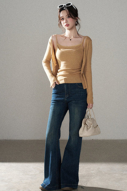 Orange Knit Vest and Cardigan and Jeans Set-Up