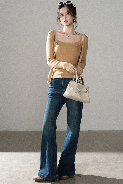 Orange Knit Vest and Cardigan and Jeans Set-Up