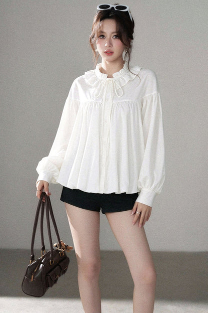 White Floral Lantern Sleeve Shirt and Pants Set-Up