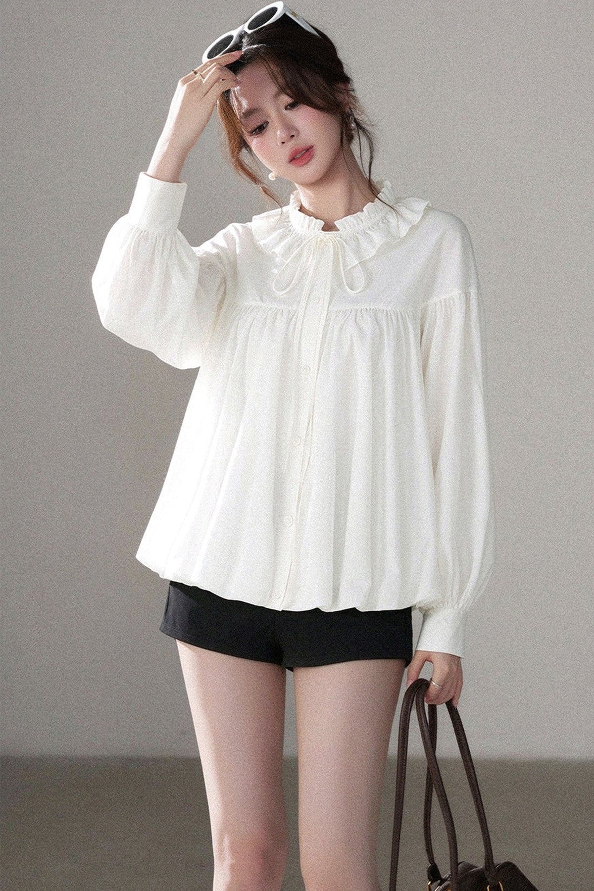 White Floral Lantern Sleeve Shirt and Pants Set-Up