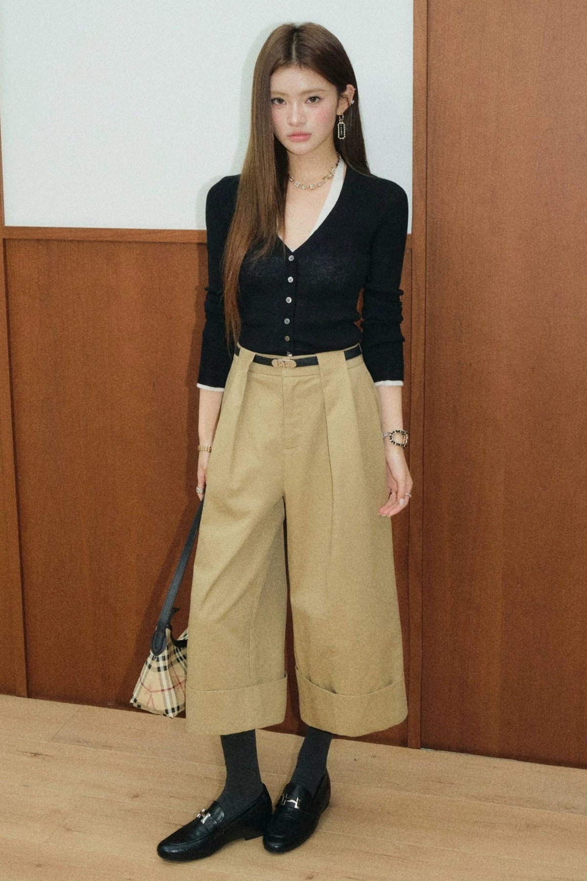 Color-Block Layered-Look Wool Knit Top and Khaki Pants Set-Up