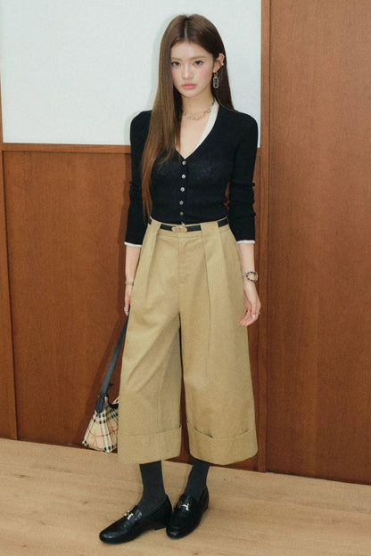 Color-Block Layered-Look Wool Knit Top and Khaki Pants Set-Up