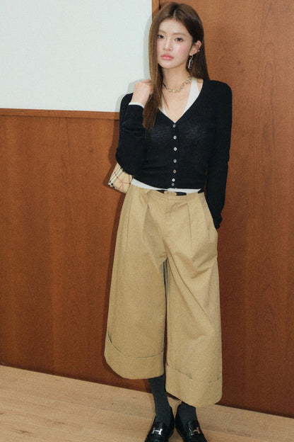 Color-Block Layered-Look Wool Knit Top and Khaki Pants Set-Up