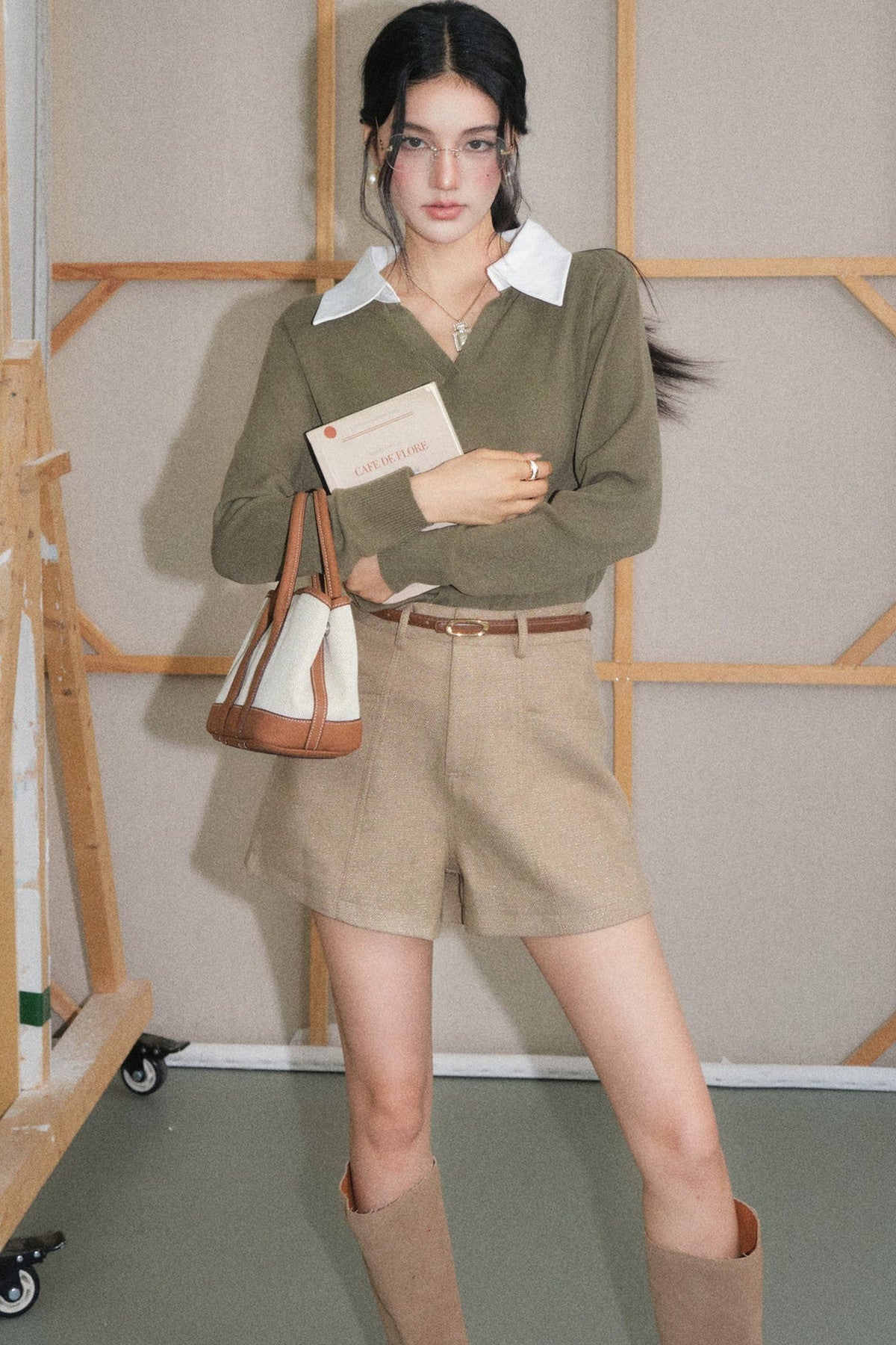 Light Camel Lapel Knit Top and White Pants Set-Up