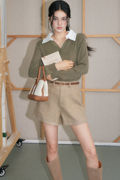 Light Camel Lapel Knit Top and White Pants Set-Up