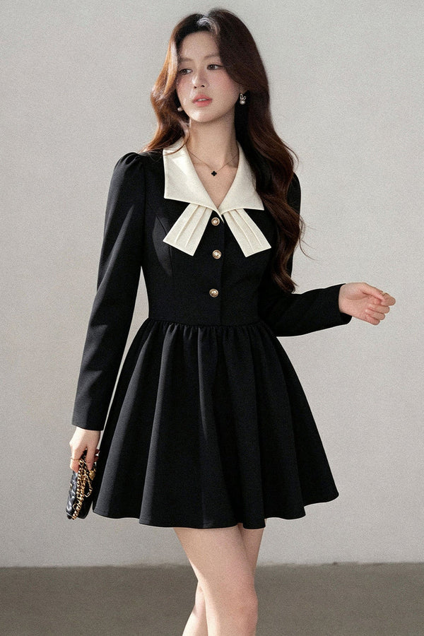 Hepburn Style Black Lapel Dress