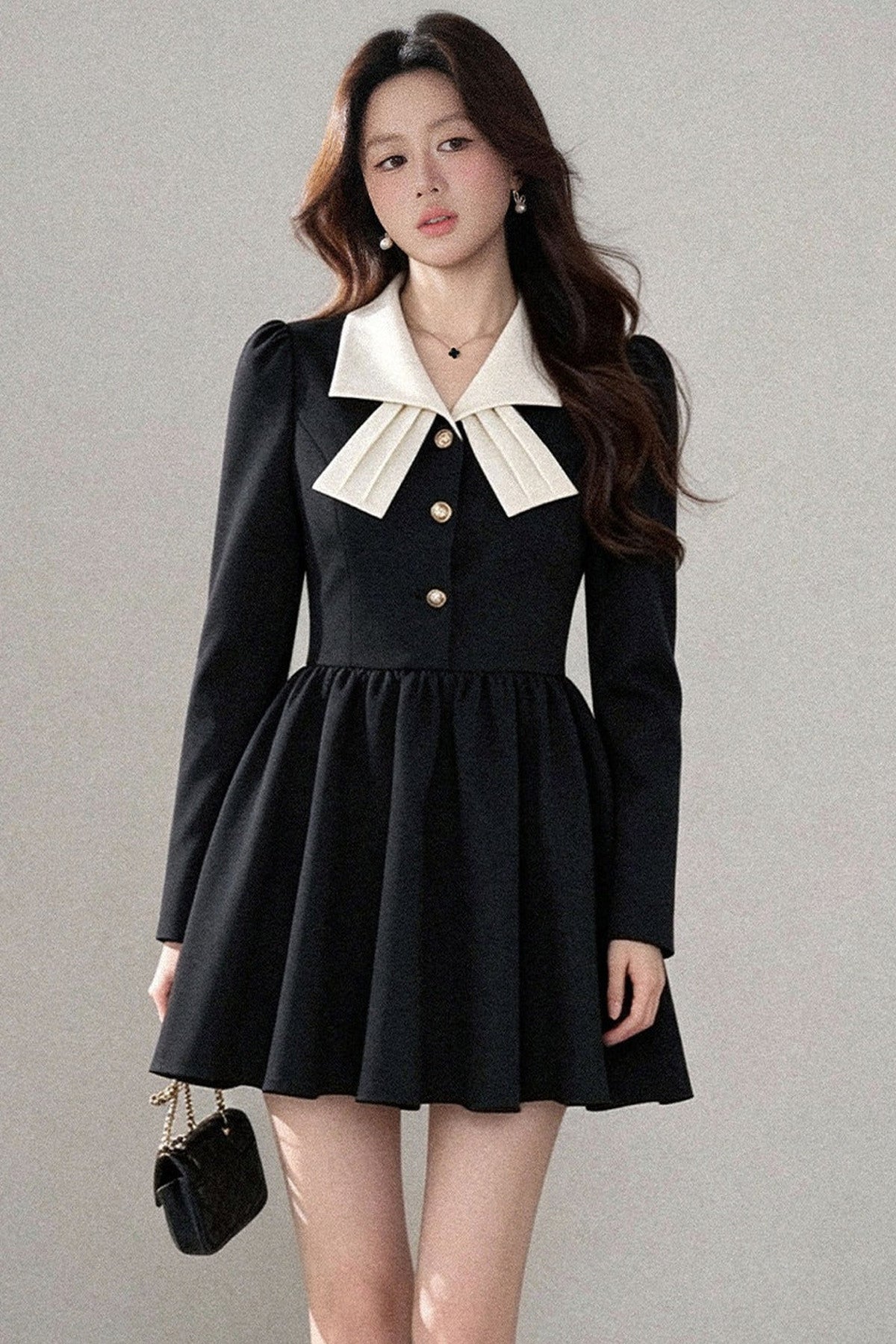 Hepburn Style Black Lapel Dress
