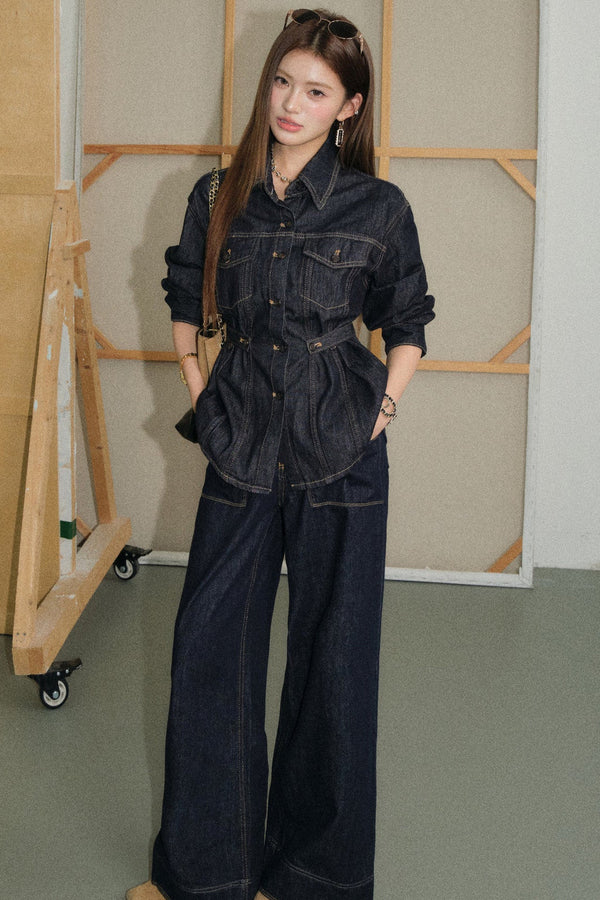 Waist-Cinching Denim Shirt and Flared Jeans Set-Up