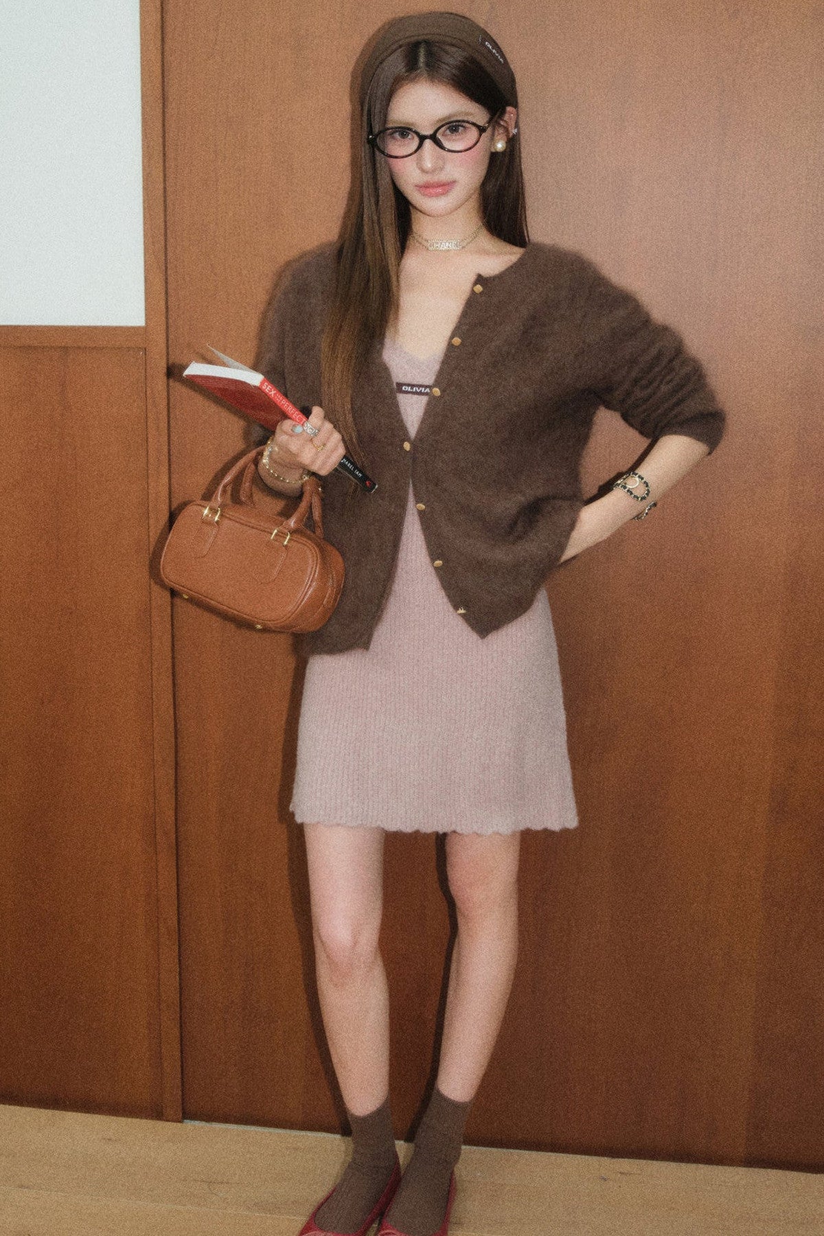 Pink Merino Wool Suspender Dress and Brown Cardigan Set-Up
