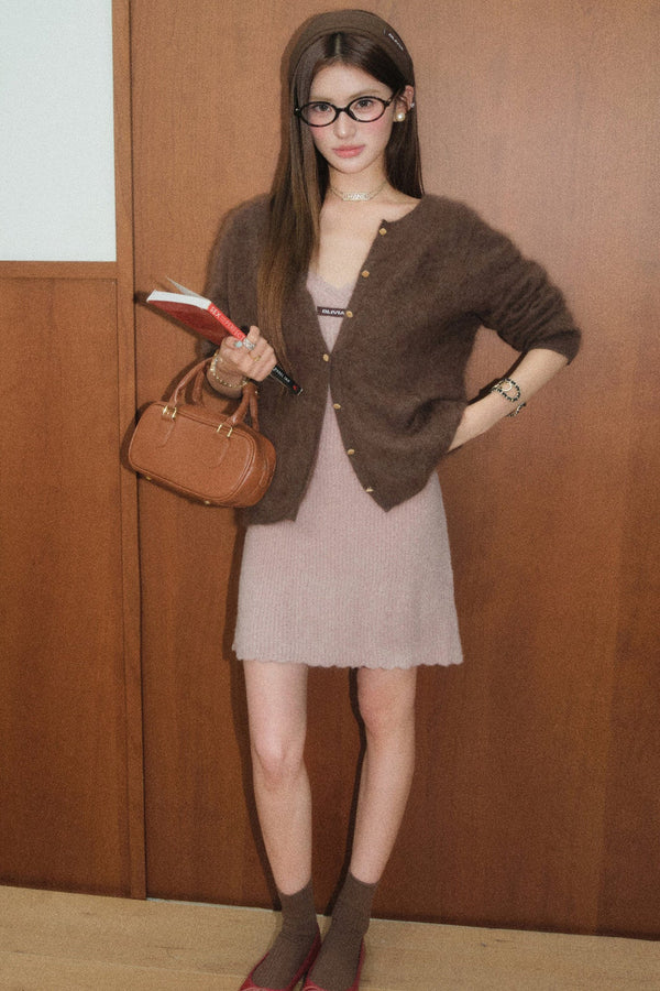 Pink Merino Wool Suspender Dress and Brown Cardigan Set-Up