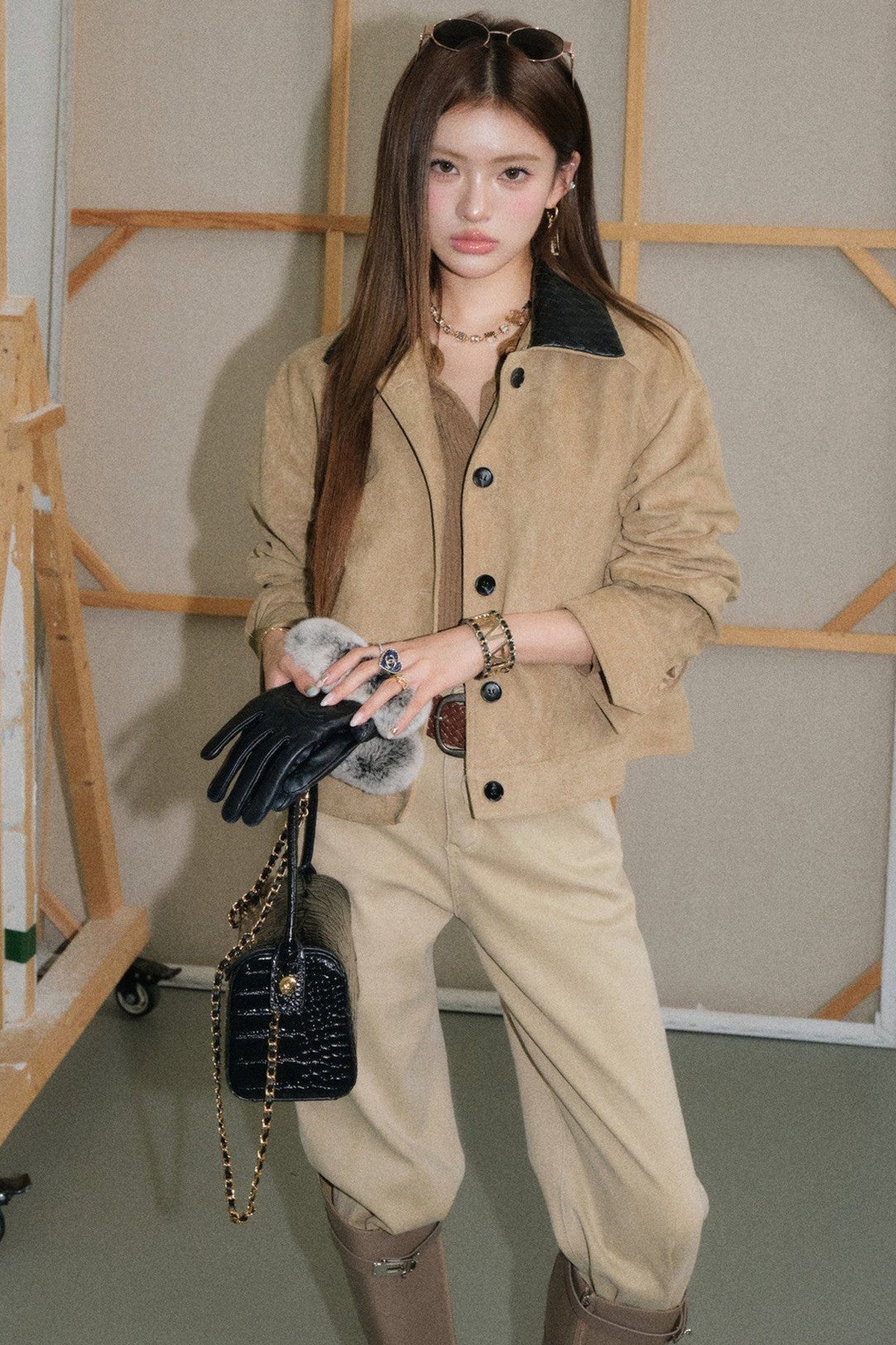 Vintage Coffee Lapel Knit Cardigan and Pants Set-Up