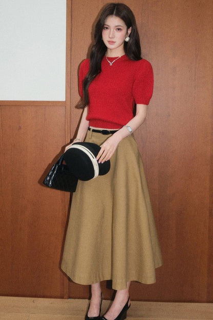 Red Wool Pullover and Retro A-Line Skirt Set-Up