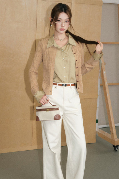 Cable Knit Layered-Look Cardigan and White Pants Set-Up