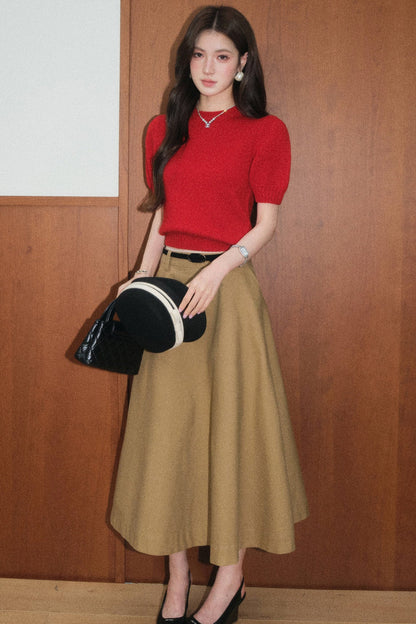 Gray Wool Knit Top and Retro Skirt Set-Up