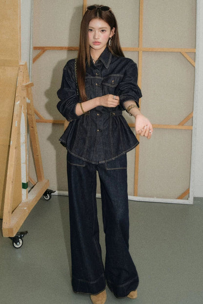 Denim Shirt and Wide-Leg Flared Pants Set-Up