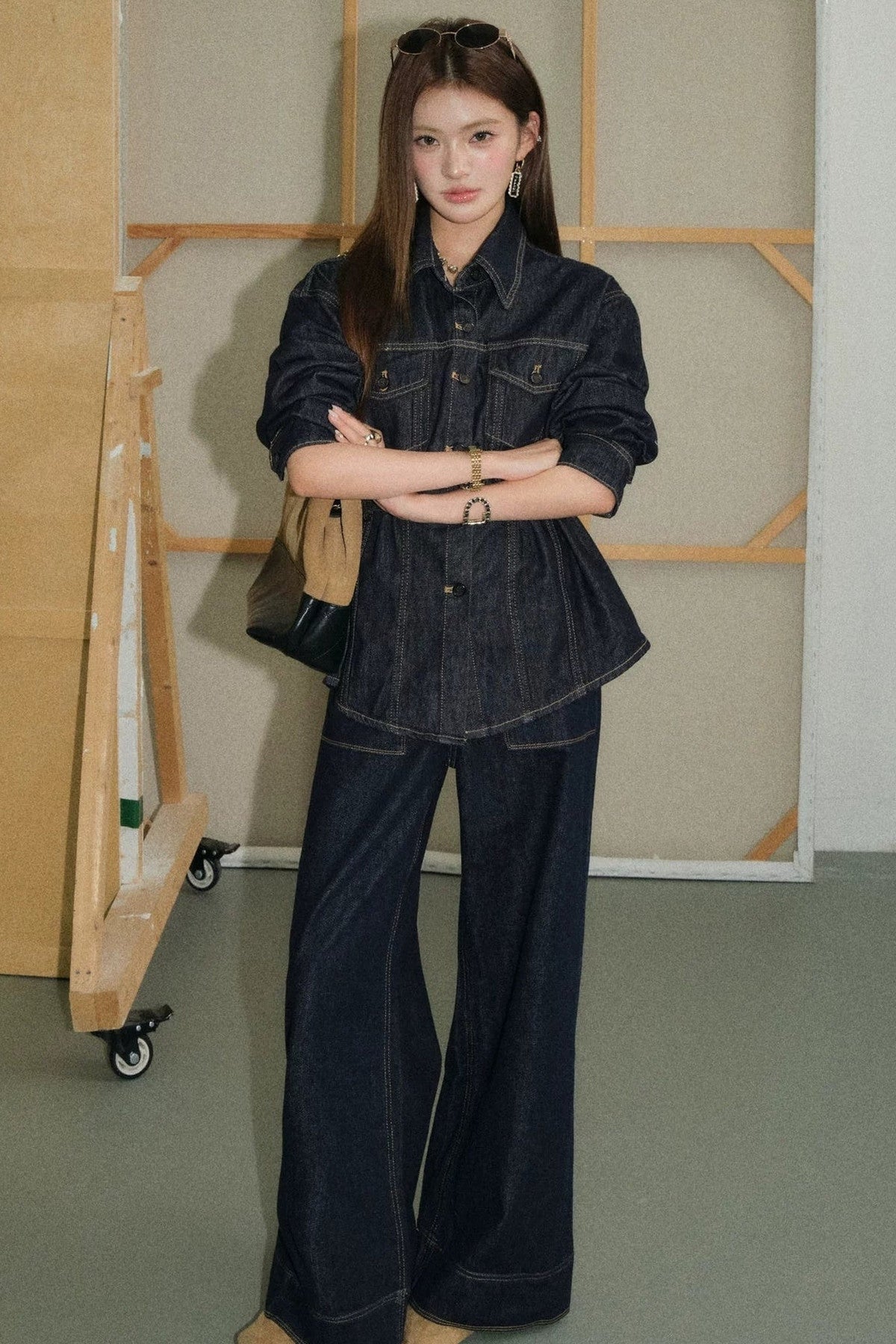 Denim Shirt and Wide-Leg Flared Pants Set-Up
