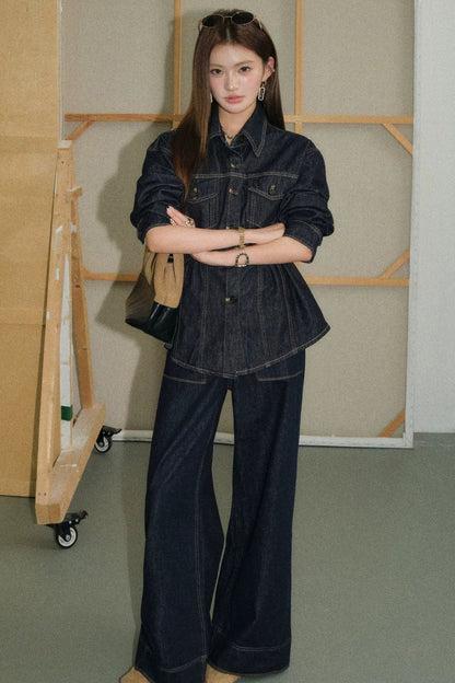 Denim Shirt and Wide-Leg Flared Pants Set-Up