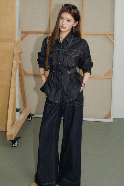 Denim Shirt and Wide-Leg Flared Pants Set-Up