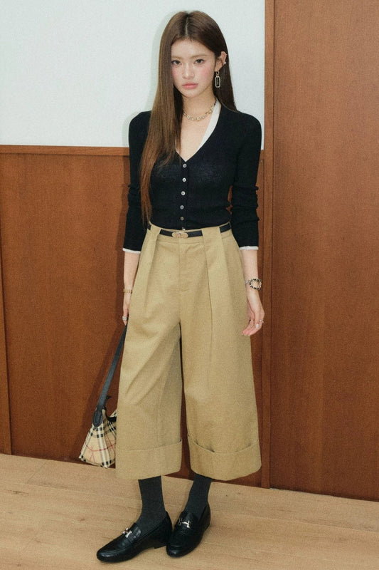 Layered-Look Top and High-Waisted Khaki Wide-Leg Cuffed Pants Set-Up