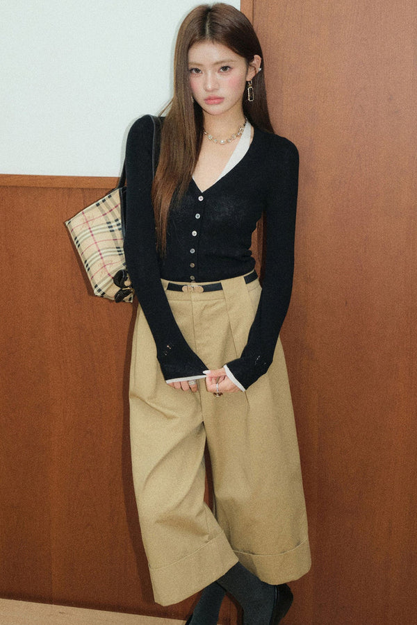 Layered-Look Top and High-Waisted Khaki Wide-Leg Cuffed Pants Set-Up
