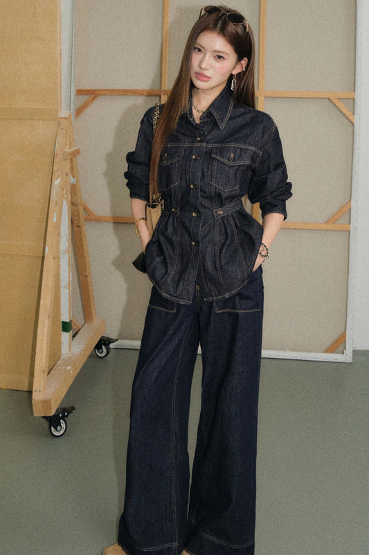 Coffee Lace-Up Woolen Linen Suit Jacket, Jeans and Top Set-Up